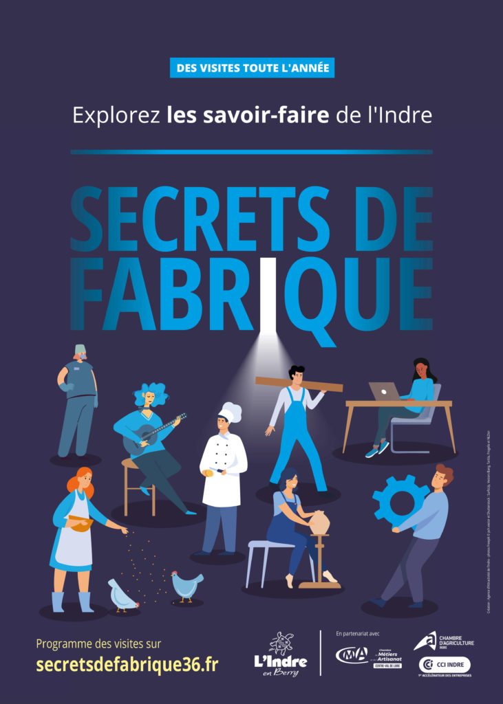 Affiche Secrets de Fabrique 2024-2025, des visites d'entreprises de l'Indre durant toute l'année